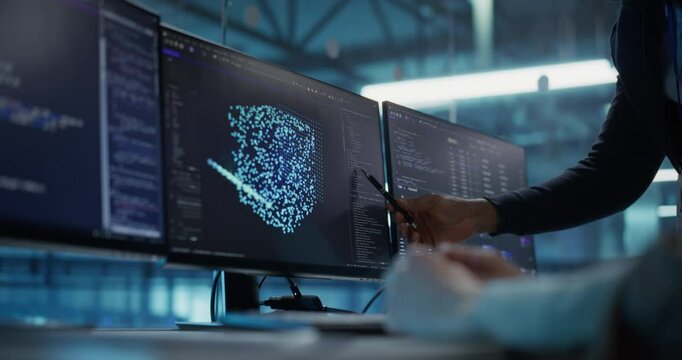 In the Data Center, a Female Software Engineer and Her Project Manager Reviewing AI Model Code and Parameters on Multiple Monitors, Strategizing Next Steps for Their Online Product