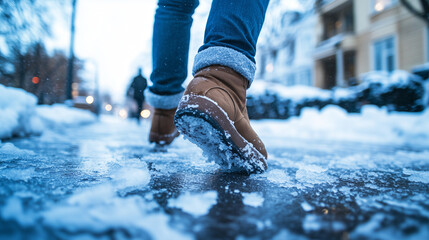 A person slips on an icy sidewalk while walking along an urban street during winter conditions in a city