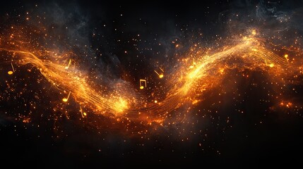 Fototapeta premium Musical wave design with glowing white notes on black background, featuring gold and amber tones