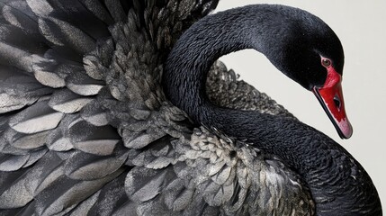Fototapeta premium Close-up image of a Black Swan, highlighting the intricate details of its trunk. The elegant Black Swan adds a touch of natures beauty, perfect for showcasing wildlife.