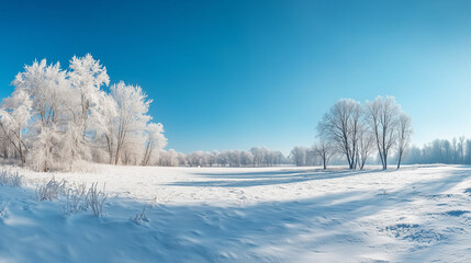 A peaceful park in a snowy landscape with frosted trees under a clear blue sky during winter