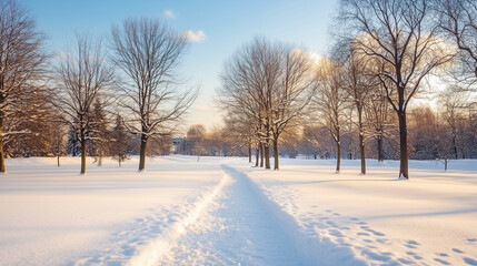 A serene winter park blanketed in white snow with a peaceful path winding through the trees under a clear blue sky