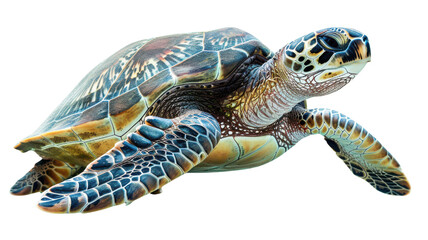 Fototapeta premium A vibrant sea turtle swimming gracefully through the ocean waters, showcasing its colorful shell and flippers.