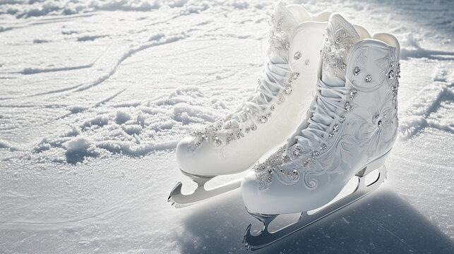 Elegant ice skates adorned with intricate designs glide gracefully on a pristine rink during wintertime