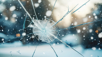 Cracked windshield caused by impact in parking lot during winter weather with falling snow