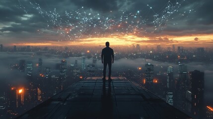 Futuristic Businessman Standing on Digital City Network Grid