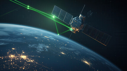 stunning hyperrealistic image of satellite orbiting Earth, showcasing green laser beams connecting to planet surface. scene captures beauty of technology and space exploration