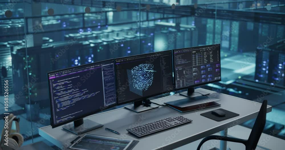 Aufkleber Workspace Without People Features Three Monitors Showcasing Artificial Intelligence Algorithms and Machine Learning Models, Set Up on a Sleek Desk in the Data Center’s Glass-Walled Office