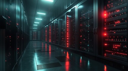 Fototapeta premium A dimly lit server room with illuminated data racks.