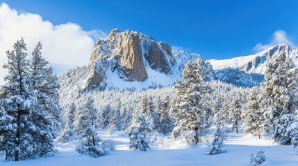 Rocky mountain peak in winter adorned with fresh snow, capturing the serene beauty of the landscape, with ample space for text overlay offering a stunning winter scenery.