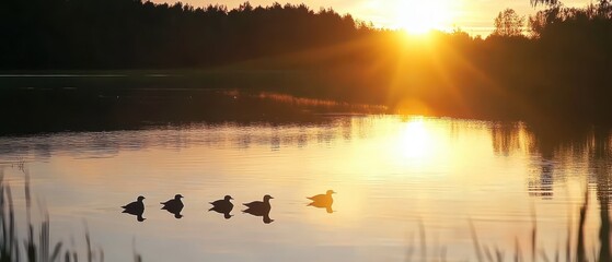 Naklejka premium A serene sunset over a lake, where five ducks gracefully glide across the water's surface, surrounded by peaceful nature.