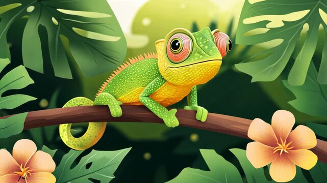 A green chameleon perches on a branch in a lush jungle, its eyes wide and curious