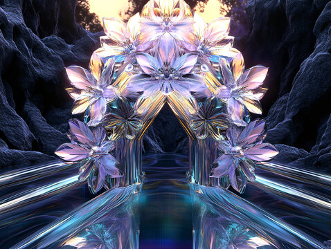 3D rendering of a geometric flower pattern with a central yellow light. It's a dark background with light reflections.