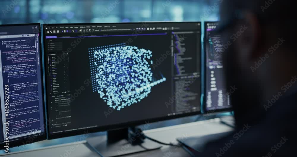 Poster Close Up of a Black Developer in Glasses Typing Software Code, Managing Several Open Screens with AI Model Diagnostics. Professional Reviewing Output for Errors in the Data Center Office