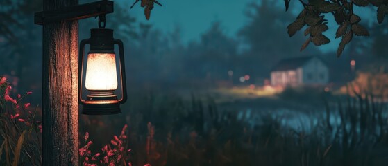 A tranquil nighttime scene featuring a glowing lantern, a serene landscape, and a distant cottage near a calm body of water.