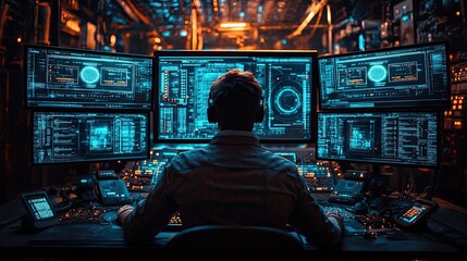 Obraz premium Over-the-shoulder view of security professional typing on keyboard in dark room, surrounded by monitors displaying data