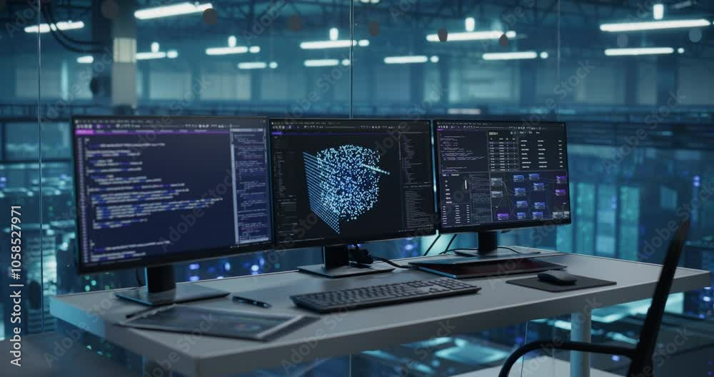 Poster Computer Monitors Displaying AI Coding Sequences and Model Analytics. Computer Screens Sit on an Office Desk, Surrounded by Modern Technology of a Data Center Workspace