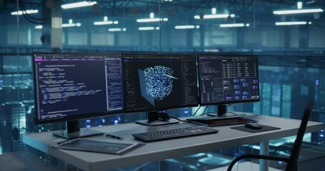 Computer Monitors Displaying AI Coding Sequences and Model Analytics. Computer Screens Sit on an Office Desk, Surrounded by Modern Technology of a Data Center Workspace