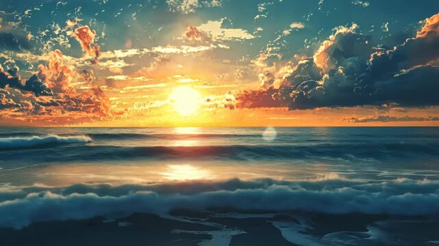 A vibrant sunset paints the sky above the rolling waves of the ocean