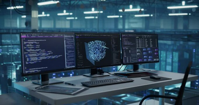 Computer Monitors Displaying AI Coding Sequences and Model Analytics. Computer Screens Sit on an Office Desk, Surrounded by Modern Technology of a Data Center Workspace