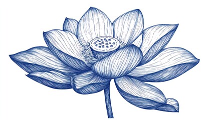 A detailed illustration of a blooming lotus flower in blue ink.