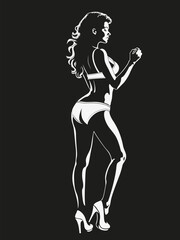 A girl with sexy body shapes in underwear stands seductively sideways to the viewer in the dark in backlight, white silhouette on a black background