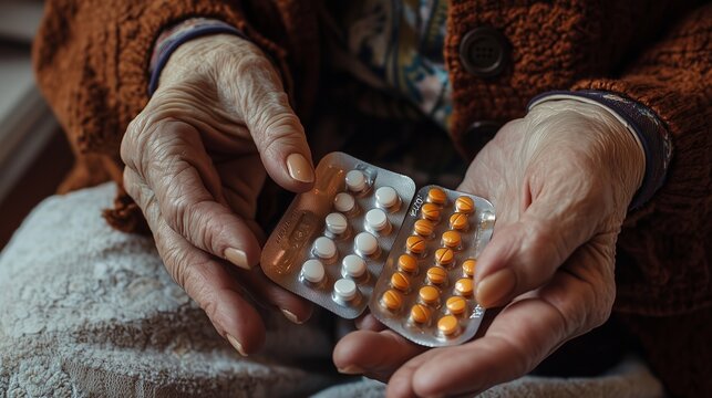 Elderly hands holding medication, symbolizing senior health and care. Chronic disease