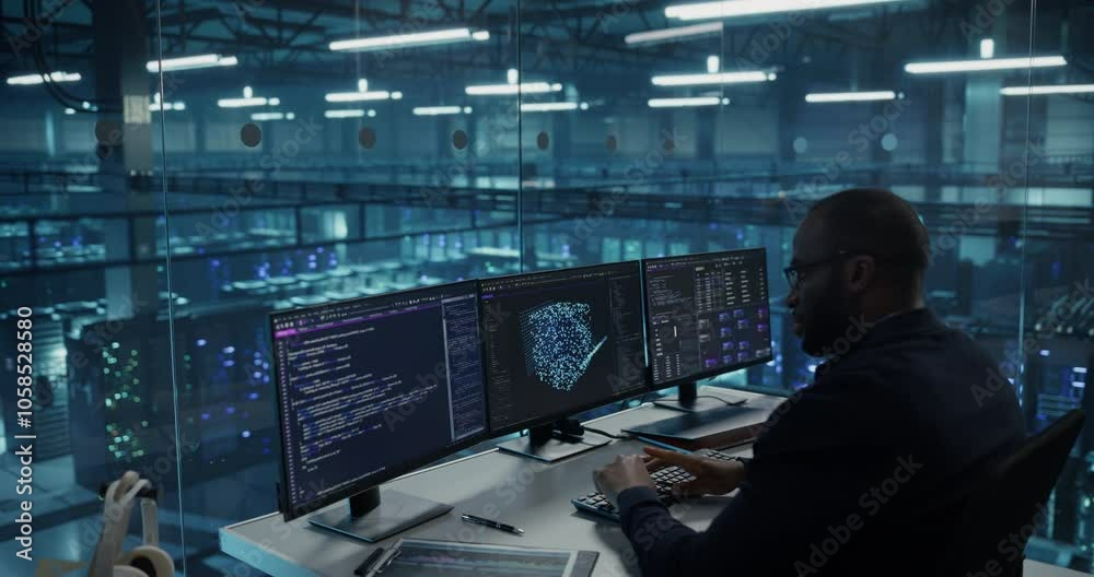 Poster Seated in a High-Tech Data Center, African Developer Works on an Futuristic AI Model, Managing Open Code Windows and Parameter Adjustments Across Multiple Screens, Focused on AI Optimization