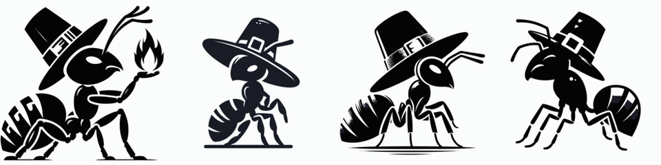 Fototapeta premium Four stylized ants wearing hats, each with unique expressions and poses, embodying a whimsical and playful theme.