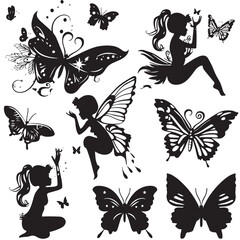 Naklejka premium cute fairy and butterfly silhouette set , black silhouettes isolated on white background