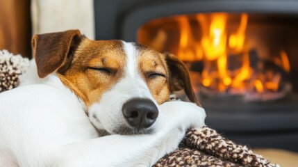 Fototapeta na wymiar A cozy dog peacefully sleeps by a warm fireplace, wrapped in a blanket, enjoying a tranquil moment at home.