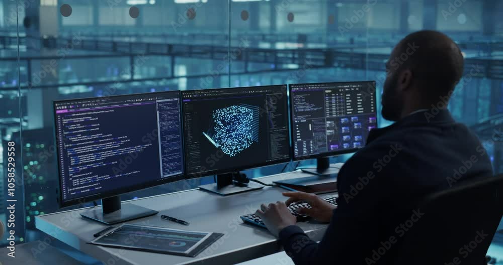 Aufkleber With Multiple Screens Open to Code and Analyze Neural Network Visualizations, African Software Developer in a Data Center Refines an AI Algorithm, Working Methodically to Improve the Product