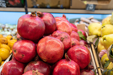 fresh nature vegetarian pomegranate food background red market natural organic healthy juicy fruit