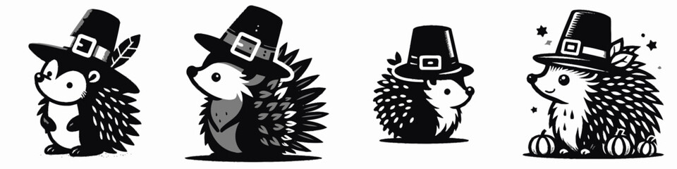 Four adorable hedgehogs wearing hats, showcasing a playful and whimsical illustration style, perfect for festive themes or autumn celebrations.