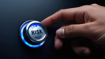 A hand reaches for a button labeled "RISK," indicating a choice between low and high levels of risk in a sleek, modern interface.