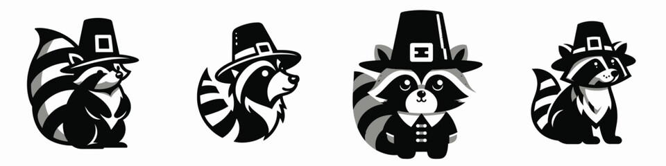 Four cartoon raccoons wearing pilgrim hats, each displaying unique designs, celebrating a festive theme in a playful style.