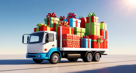 A colorful delivery truck filled with wrapped presents drives towards the horizon, symbolizing celebrations and holiday spirit.
