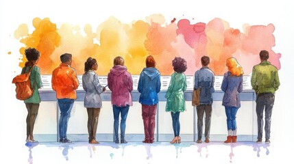 Obraz premium Cartoonstyle voter registration drive, diverse group signing up, playful yet powerful message in watercolor