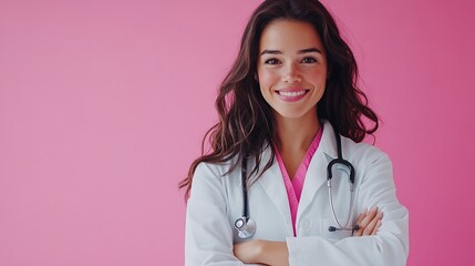 medium shot portrait of a beautiful female doctor in a pink background