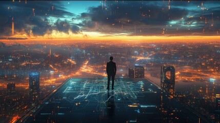 Businessman observing future city with network connections