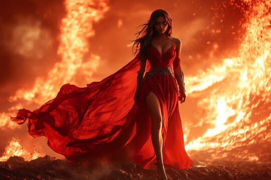 Girl witch in red dress walking among the empty burnt ground field. Magic of flame.