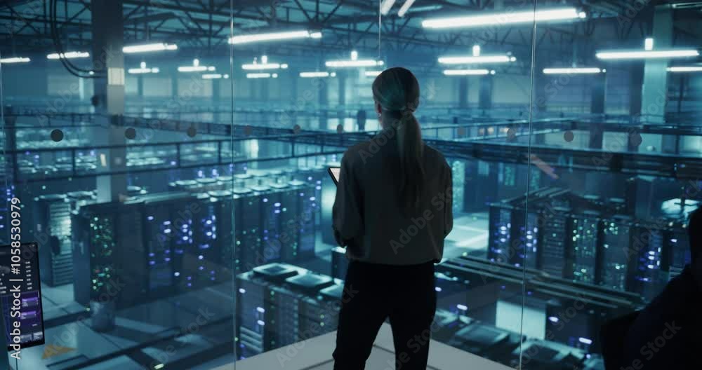 Aufkleber Female Data Analyst Studies Traffic Logs on Her Tablet Computer, Standing in a Modern Data Center with Server Systems. Young Woman Searching for Patterns to Improve Online Data Performance