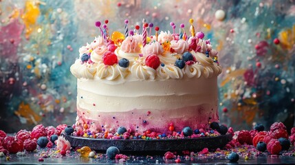 a delightful birthday cake adorned with layers of icing and an array of colorful decorations, set against a festive background that captures the joy and celebration of special occasions