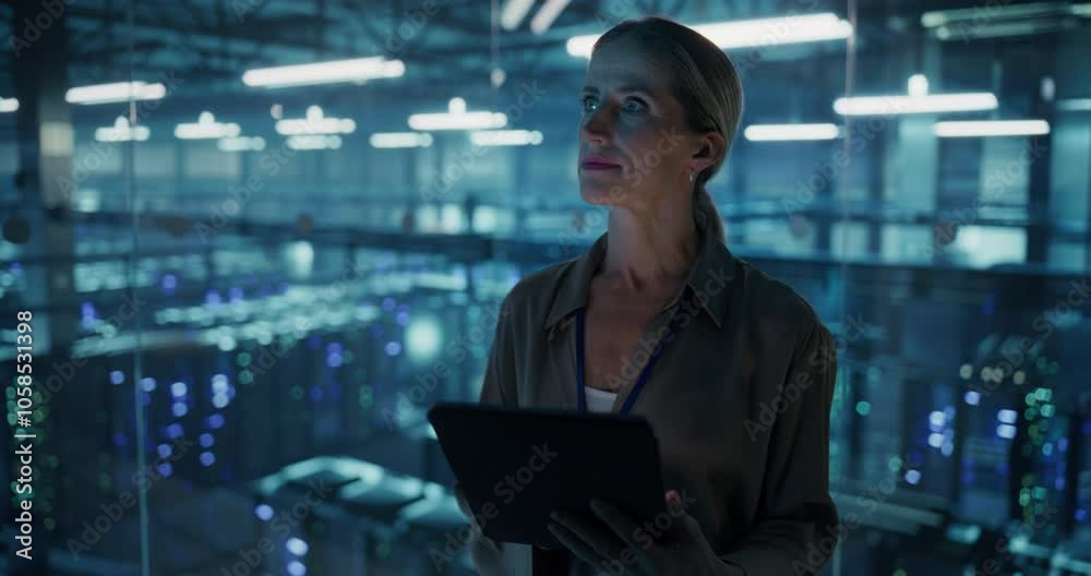 Leinwandbilder portrait of a female systems administrator standing in a glass office, adjusting configuration setti