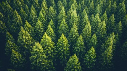 Fototapeta premium Aerial view capturing the lush green forest and intricate texture of tree tops under sunny outdoor conditions, perfect for showcasing natures beauty with ample copy space.
