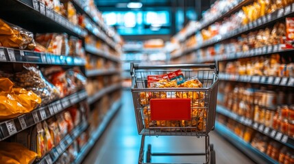 Fast-moving red shopping cart speeding through grocery store aisle