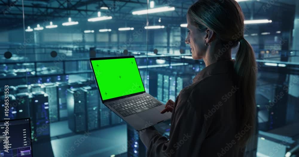 Aufkleber Female DevOps Engineer Monitoring Automation Scripts on Her Laptop Computer with Green Screen Mock Up Display. Software Specialist Working on Data Center IT Infrastructure
