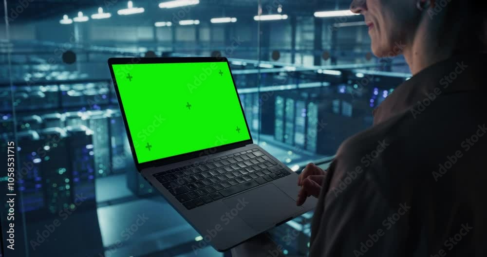 Aufkleber Female Data Analyst Studies Information on Her Laptop Computer with a Green Screen Mock Up Display, Standing in a Modern Data Center with Server Systems. Young Woman Working with Online Data