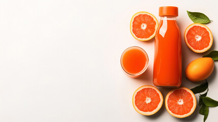Bottle and glass of citrus juice with halved grapefruits and whole citrus fruits on white background