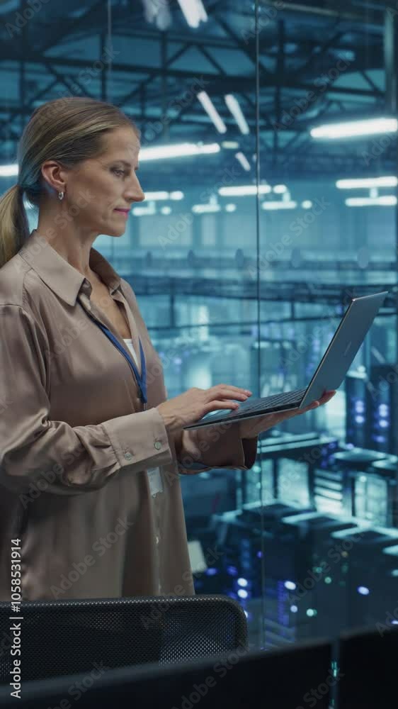Poster Vertical Screen: Female Data Center Specialist Analyzes Server Performance on a Laptop, Optimizing Network Efficiency in a High-tech Environment. Developer Manages Cybersecurity and System Reliability